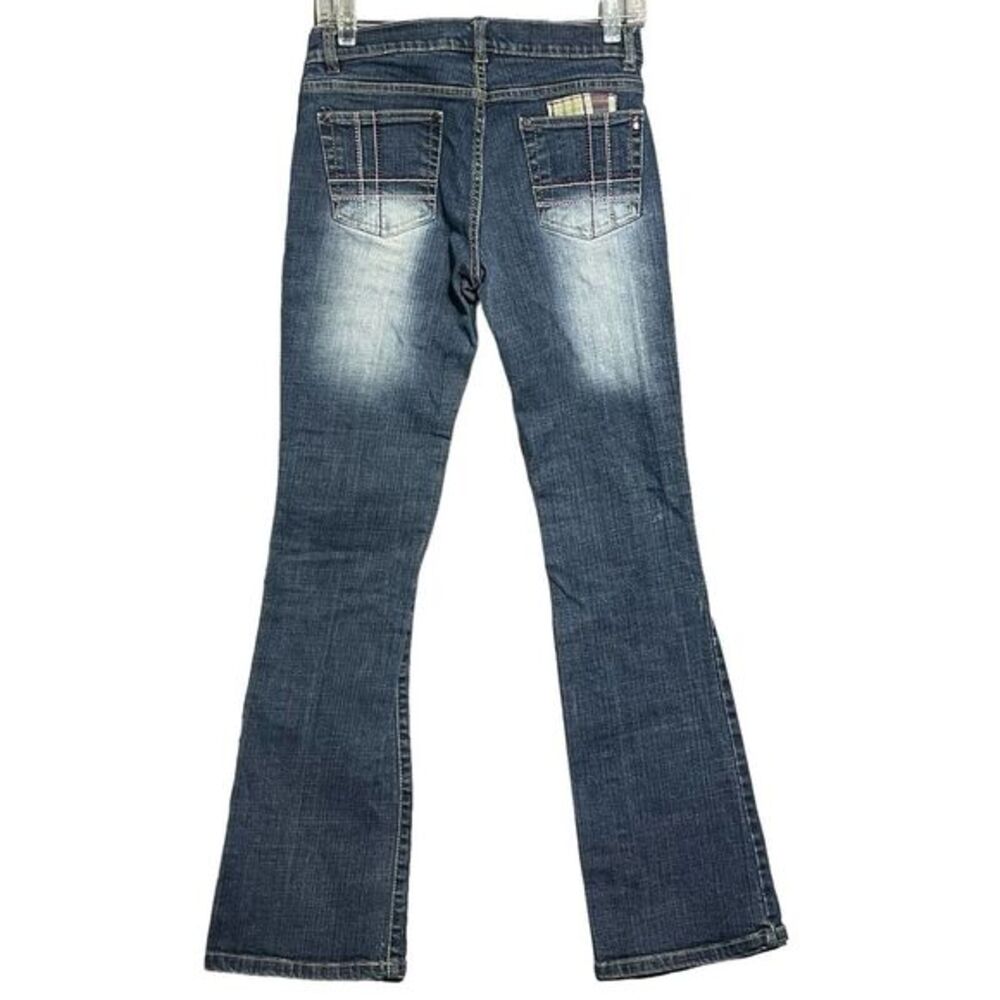 Southpole Blue Denim Jeans Juniors Sz 7 Low Rise Embroidered Patchwork Y2K Retro